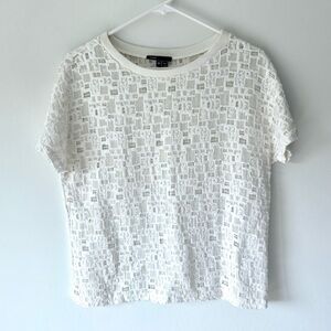 Vince White Cotton Semi-Sheer Square Textured Knit Short Sleeve Top